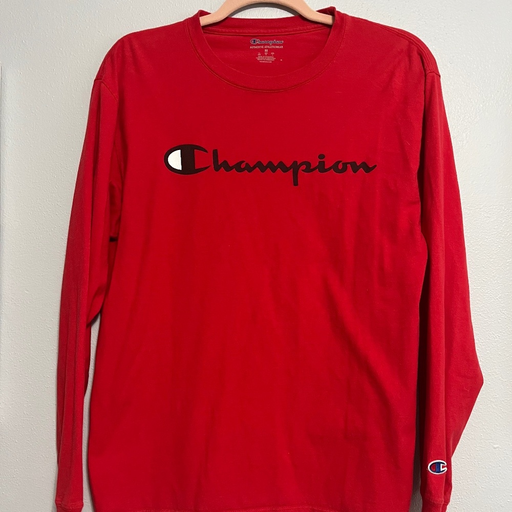 Champion Red Logo Long Sleeve Crew Neck T-Shirt Men’s M